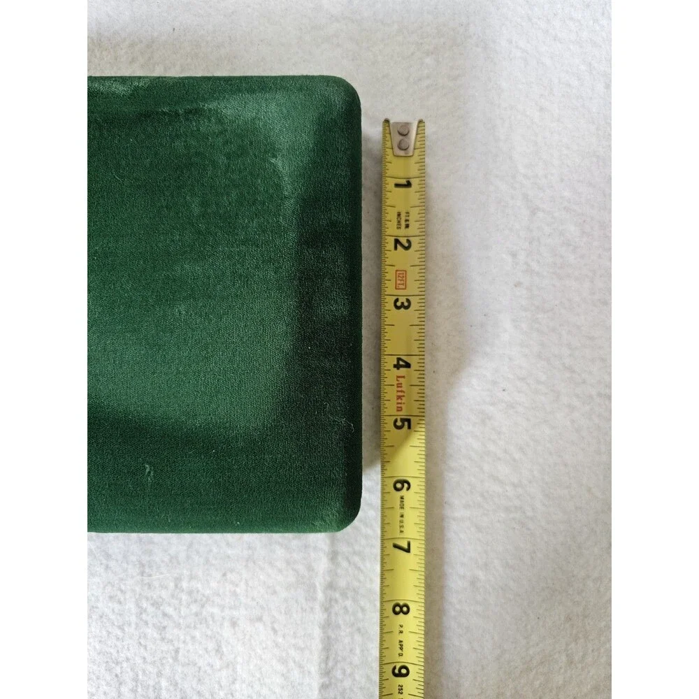 Vintage Green Velvet Jewelry Box Gold Tone Trim Ring Earring Trinket Storage